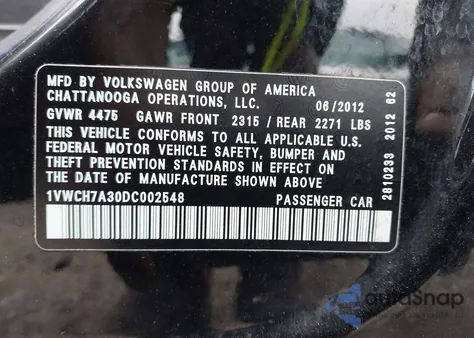 2013 Volkswagen Passat 2.5L Sel Premium из США, поврежденный, VIN 1VWCH7A30DC002548